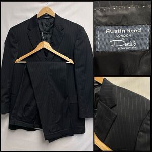 Austin Reed Black Pinstripe Suit Bespoke Mens 48 L Pants 38/32 Pleated Cuffed